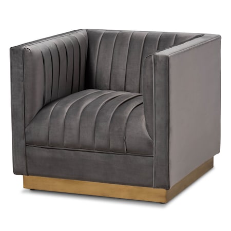Baxton Studio Aveline Grey Velvet Upholstered Brushed Gold Finished Armchair 157-9787